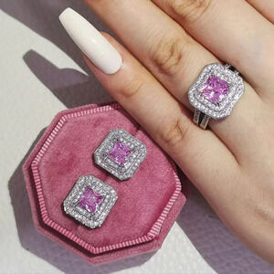 Sterling Silver Princess Cut Pink Sapphire Diamond Earring & Ring Jewelry Set